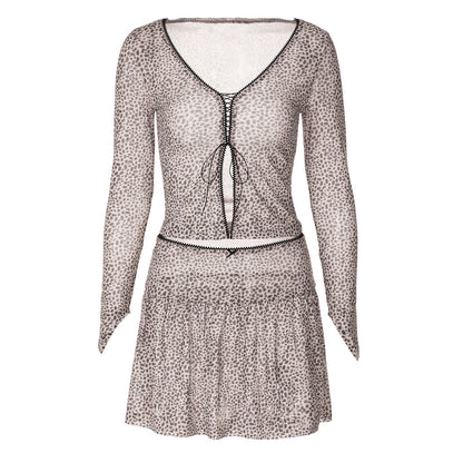 Summer Leopard Print Printed V Neck Cardigan Strap Long Sleeved T Shirt Miniskirt Set