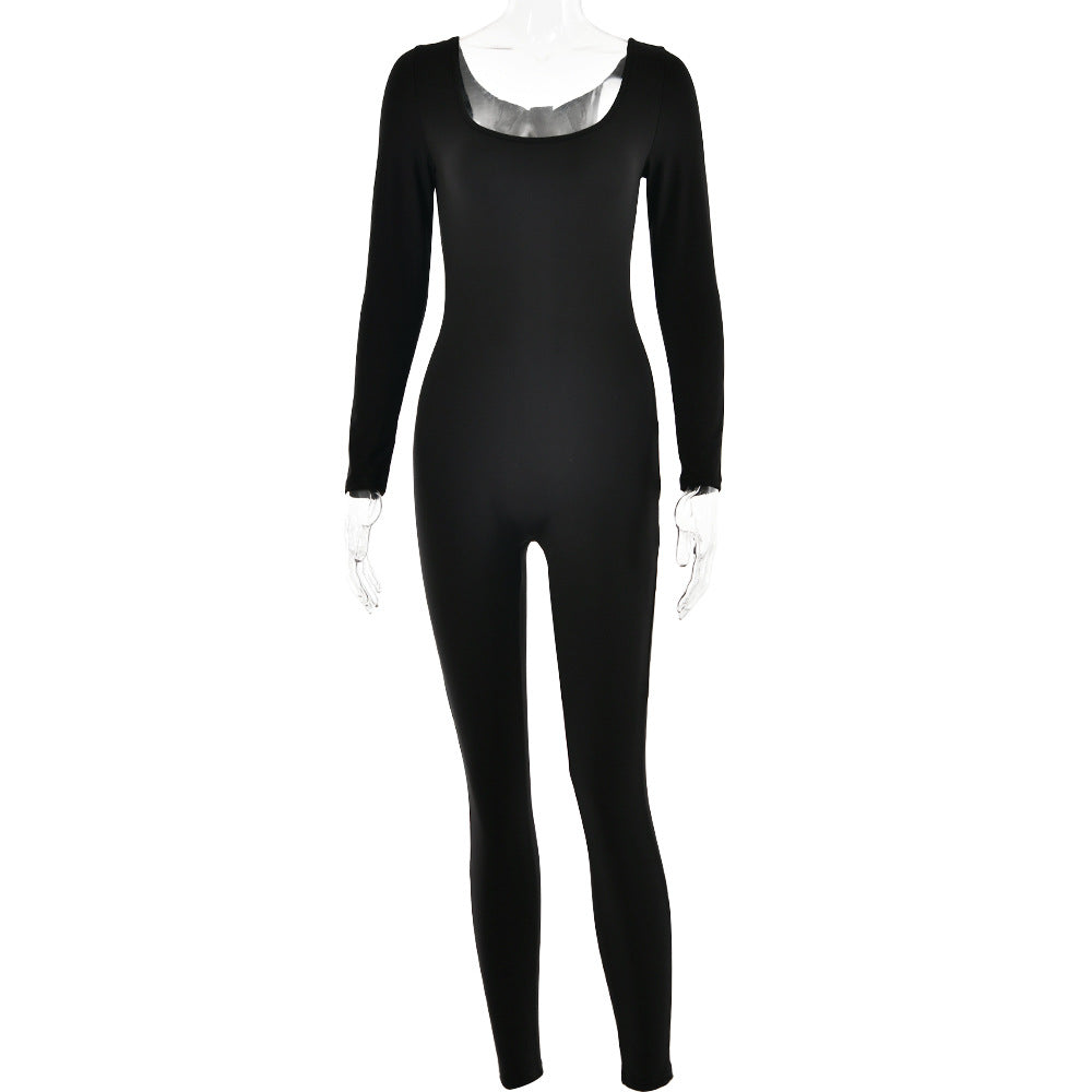 Soft High Elastic Long Sleeve Tights U Collar Stitching Trousers Jumpsuit