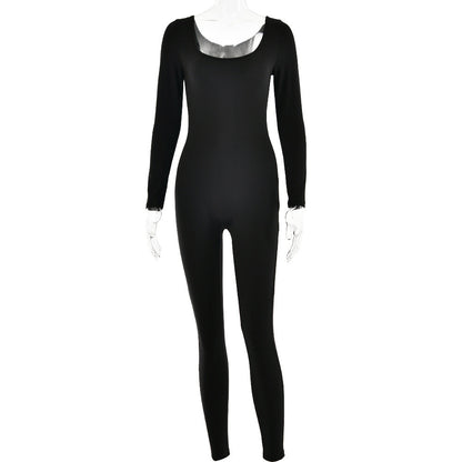 Soft High Elastic Long Sleeve Tights U Collar Stitching Trousers Jumpsuit