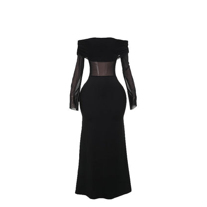 Fall Maxi Dress Slim Off Shoulder Mesh Dress