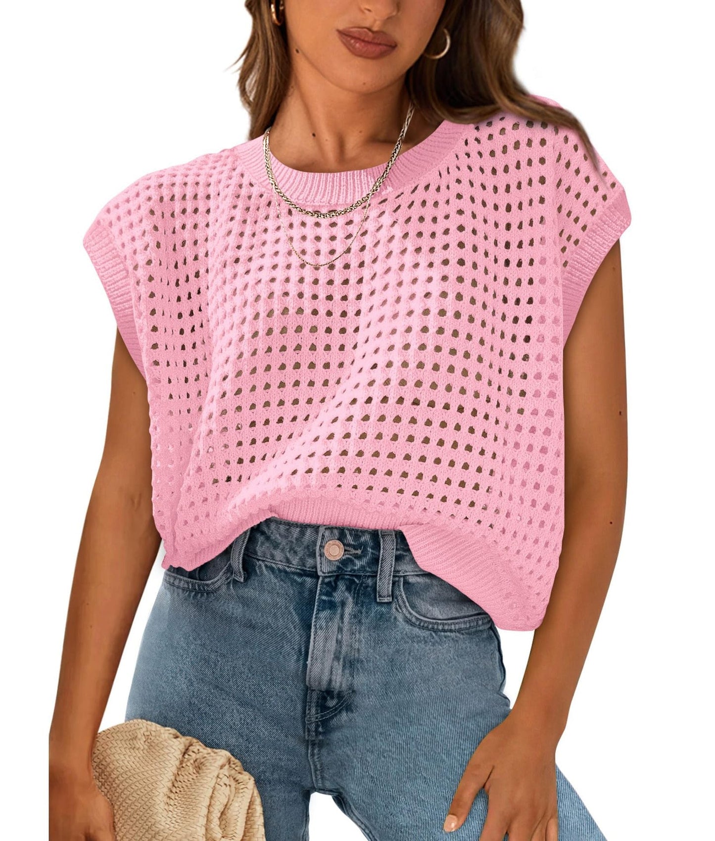 Summer Clothing Round Neck Hollow Out Cutout Sun Protection Knitted Sweater Blouse