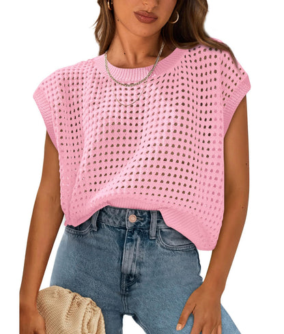 Summer Clothing Round Neck Hollow Out Cutout Sun Protection Knitted Sweater Blouse