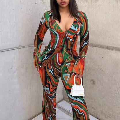 Fall Deep V Plunge Suit Print Shirt Wide Leg Pants Two Piece Suit