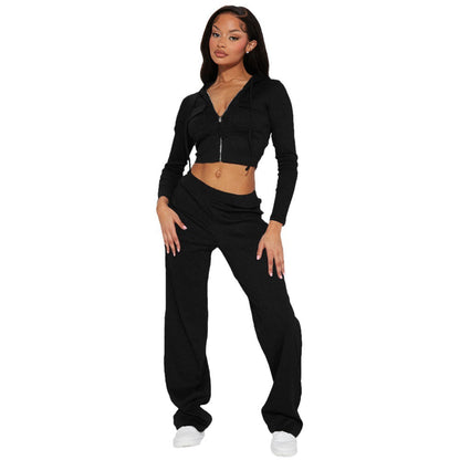 Knitted Hooded Cardigan Loose Trousers Sports Two Piece Set