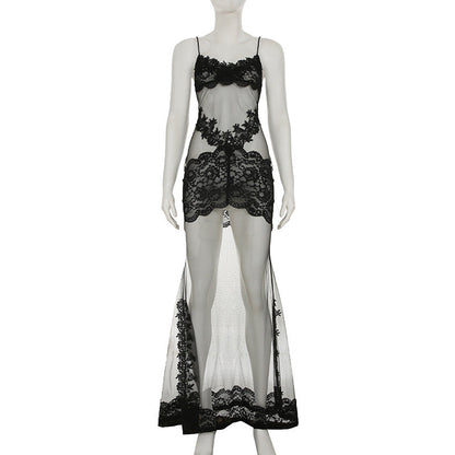 Summer Mesh Lace Lace Spaghetti Strap Dress See Through Nightdress Vacation Maxi Dress