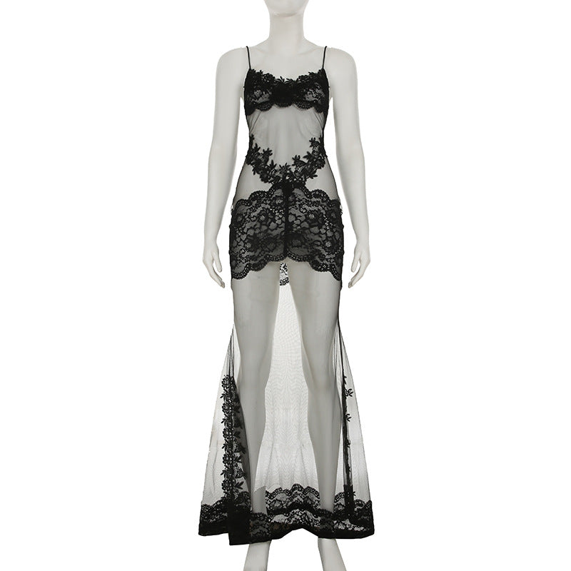 Summer Mesh Lace Lace Spaghetti Strap Dress See Through Nightdress Vacation Maxi Dress