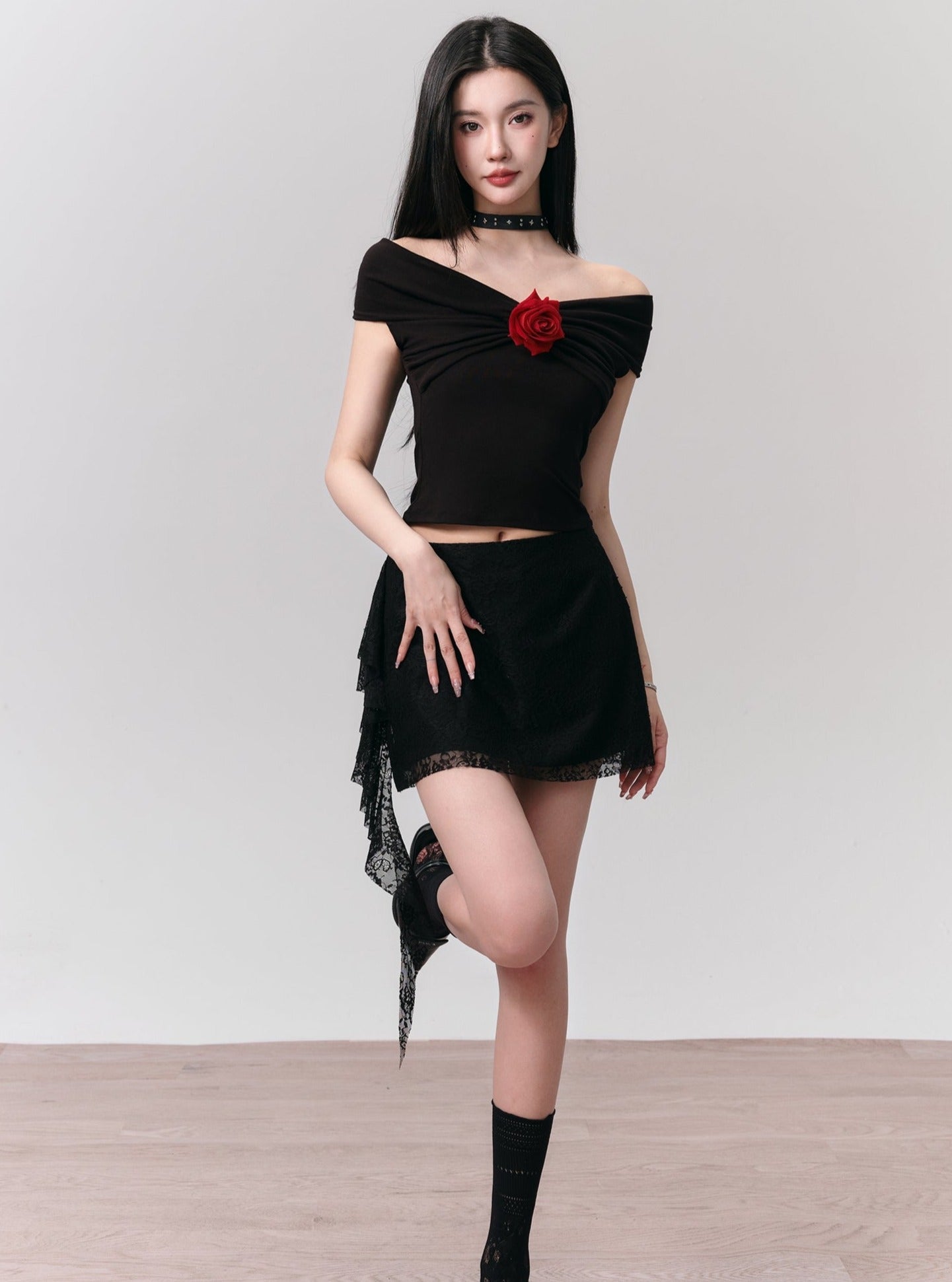 Flamenco-inspired Dance Set: Off-shoulder Rose Top and Ruffled Mini Skirt