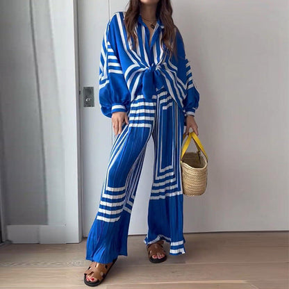 Spring Clothing Printed Long Sleeved Shirt Pleated Straight Wide Leg Pants Set