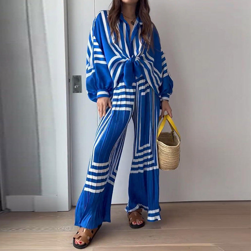 Spring Clothing Printed Long Sleeved Shirt Pleated Straight Wide Leg Pants Set