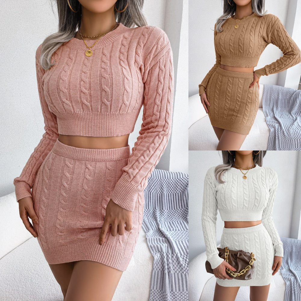 Autumn Winter Twist Cropped Baring Sweater Hip Skirt Clothing
