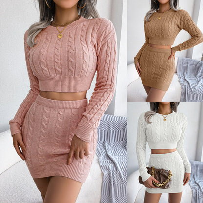 Autumn Winter Twist Cropped Baring Sweater Hip Skirt Clothing