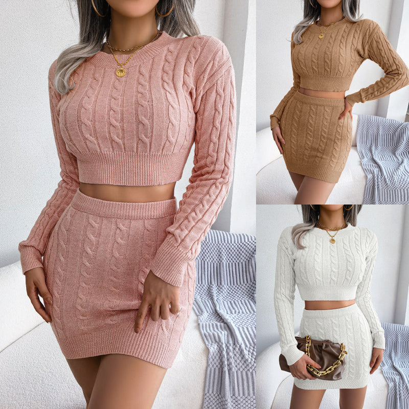 Autumn Winter Twist Cropped Baring Sweater Hip Skirt Clothing