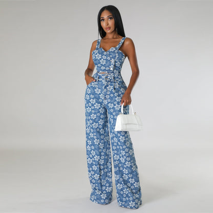 Autumn Winter Clothing Denim Jacquard Suit Nightclub Wrapped Top Wide Leg Pants Suit