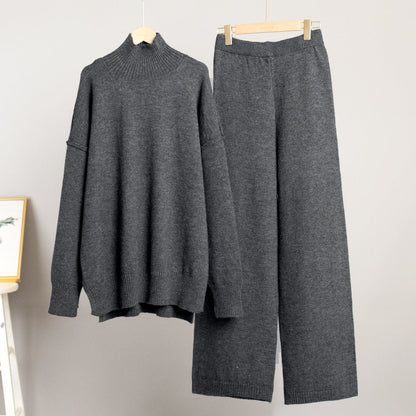 Turtleneck Sweater Suit Autumn Winter Loose Lazy Thickened Knitting Trousers Suit