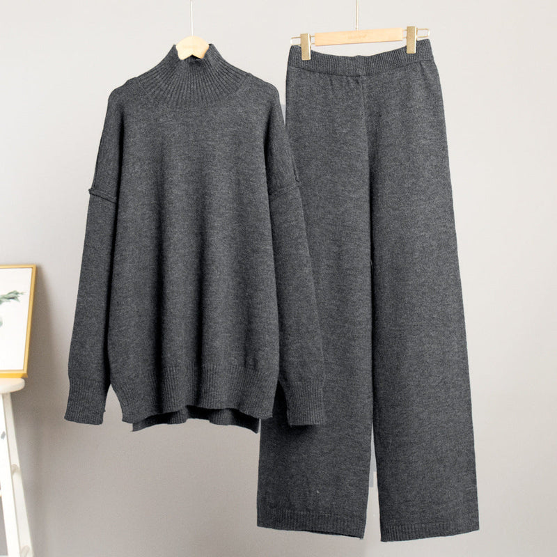 Turtleneck Sweater Suit Autumn Winter Loose Lazy Thickened Knitting Trousers Suit