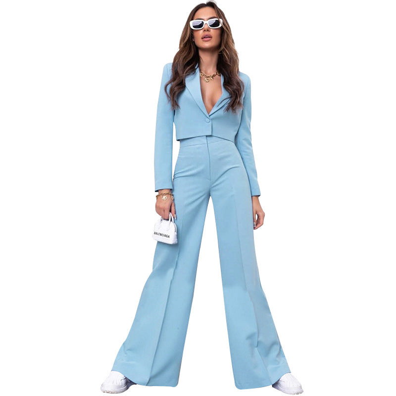 Autumn Winter Color Short Long Sleeve Small Suit High Waist Wide Leg Pants Suit