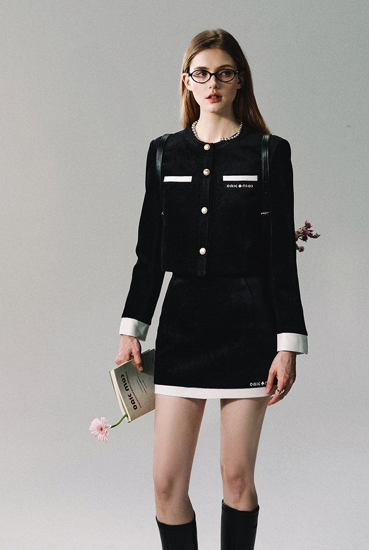 Black Velvet Contrast Trim Suit Top/skirt