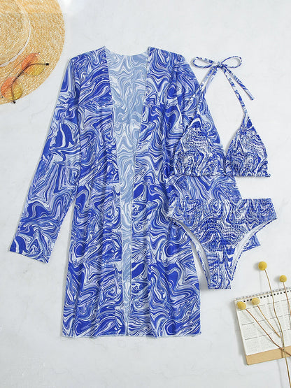 Porcelain Print Three Piece Bikini Swimsuit Set With Coat