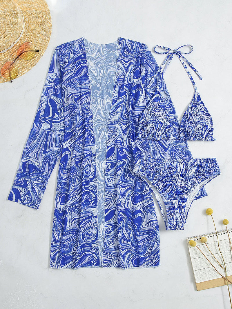 Porcelain Print Three Piece Bikini Swimsuit Set With Coat