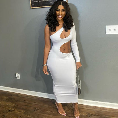 One Shoulder Diagonal Collar Long Sleeve Dress Fall Clothing Cutout Maxi Dress