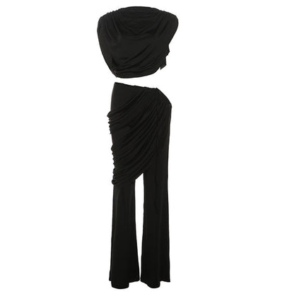 Autumn Winter Personalized Pleated Round Neck T Shirt Color Irregular Asymmetric Bootcut Pants Sets