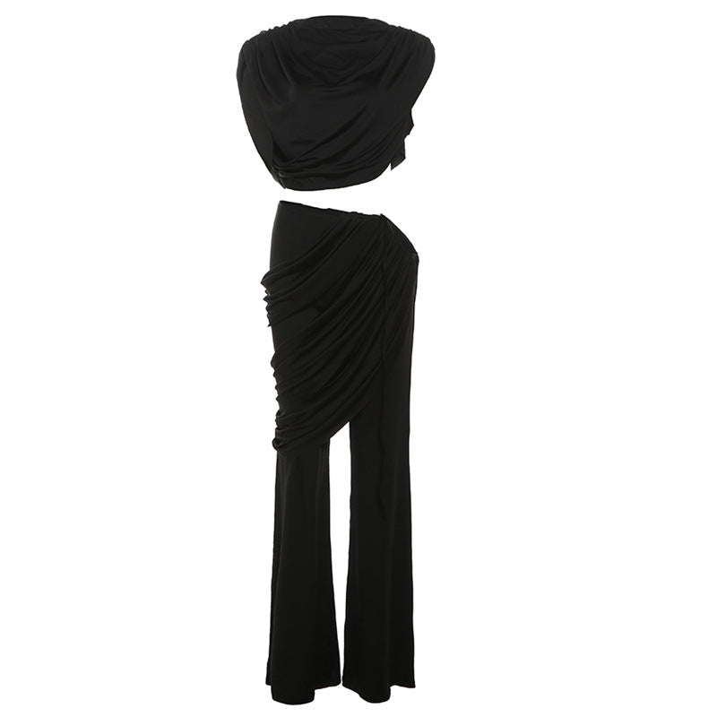 Autumn Winter Personalized Pleated Round Neck T Shirt Color Irregular Asymmetric Bootcut Pants Sets