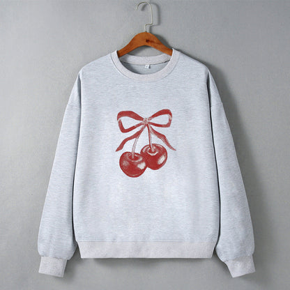 Street Hipster Bow Cherry Drop Shoulder Loose Long Sleeve Sweatershirt Autumn Winter Clothing