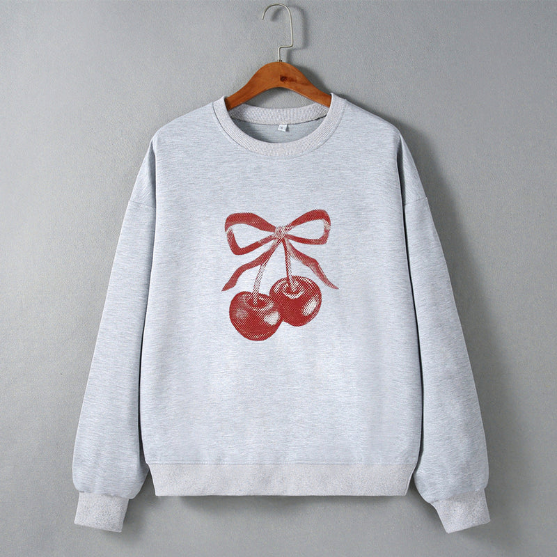 Street Hipster Bow Cherry Drop Shoulder Loose Long Sleeve Sweatershirt Autumn Winter Clothing