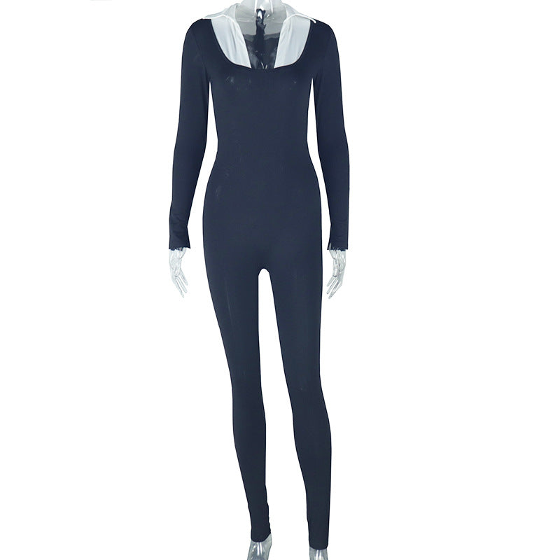 Clothing Tight Slimming Long Jumpsuit Long Sleeve Zipper White U Shaped Collar Jumpsuit