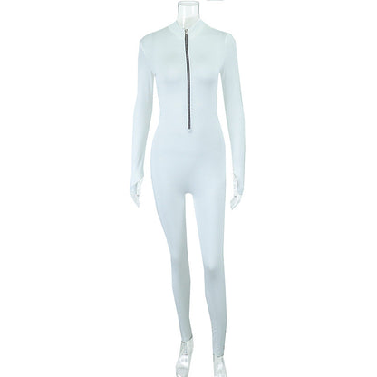 Trousers Clothing Color High Waist Slim Long Sleeve Zipped Stand Collar Jumpsuit