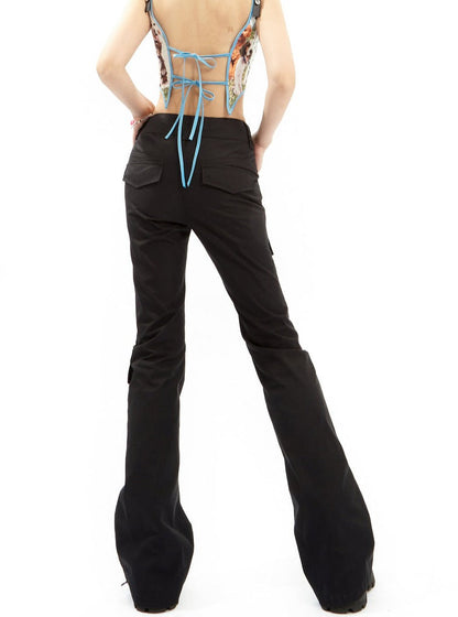 Black Flared Cargo Pants With Multiple Pockets