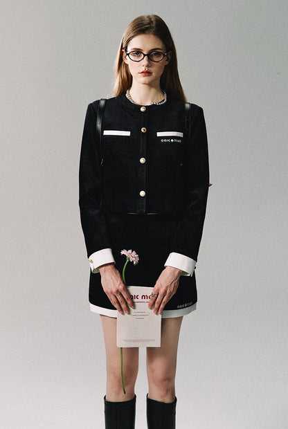 Black Velvet Contrast Trim Suit Top/skirt