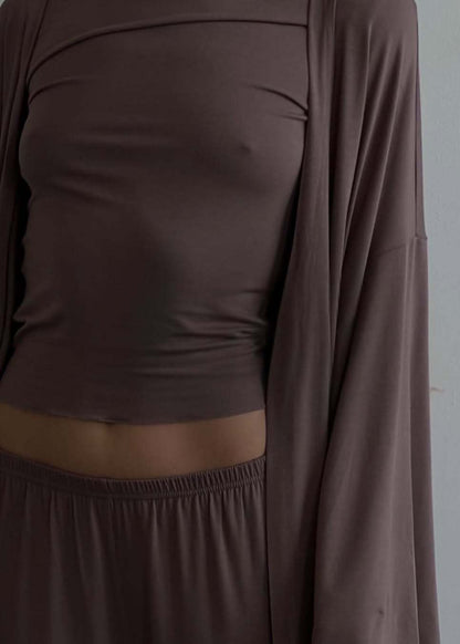 Sienna Three-piece Lounge Set – Flowy Pants, Fitted Top & Drape Cardigan