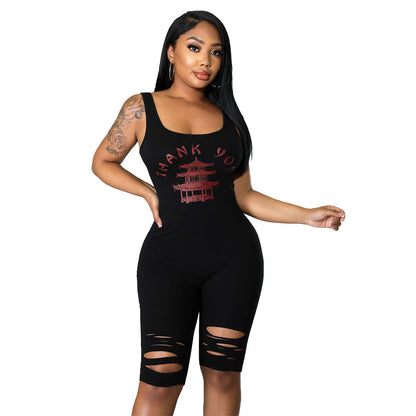 Summer Clothing Sports Printed Hollow-out Ripped for Romper
