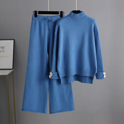 Autumn Winter Knitting Suit Semi-high Collar Sweater Thickened Outer Wear Loose Two Piece Set