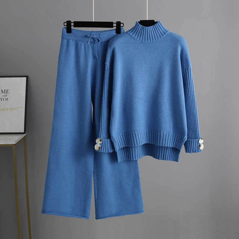 Autumn Winter Knitting Suit Semi-high Collar Sweater Thickened Outer Wear Loose Two Piece Set