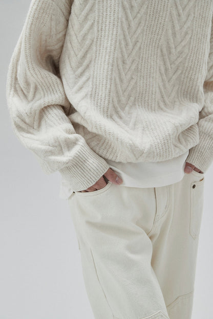 Cream Cable Knit Sweater With Chevron Pattern