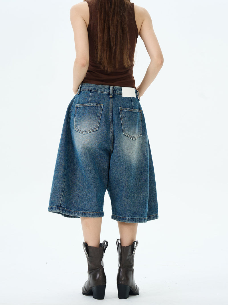 Wide-leg Denim Bermuda Shorts