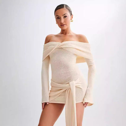 Sidony - Waist Knot Off-shoulder Knitted Mini Dress