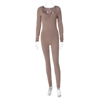 Winter Color Square Collar Pleated Long Sleeve Slim Fit Sports Yoga Jumpsuit