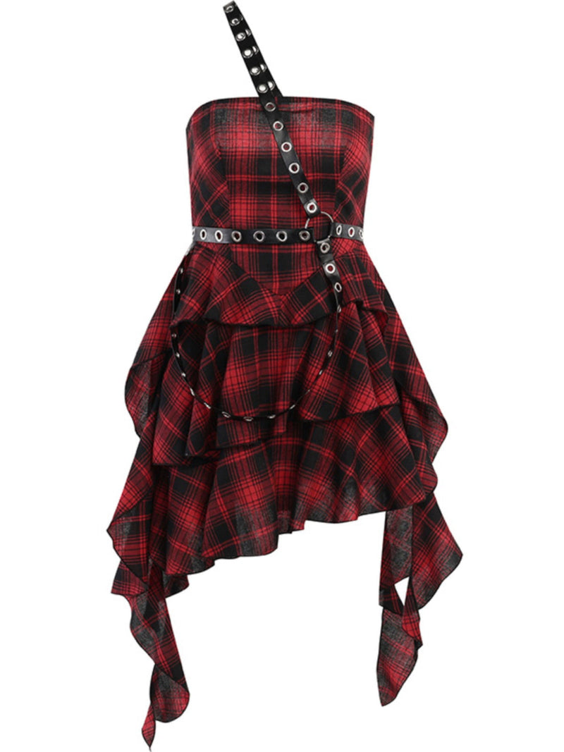 Wannathis Punk Tartan Mini Dress - Red Plaid Ruffle Tiered Goth Dress With Studded Harness