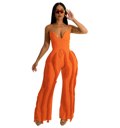 Clothing Suit Tassel Lace Sling Jumpsuit Two Piece Set Straight Leg Pants Summer