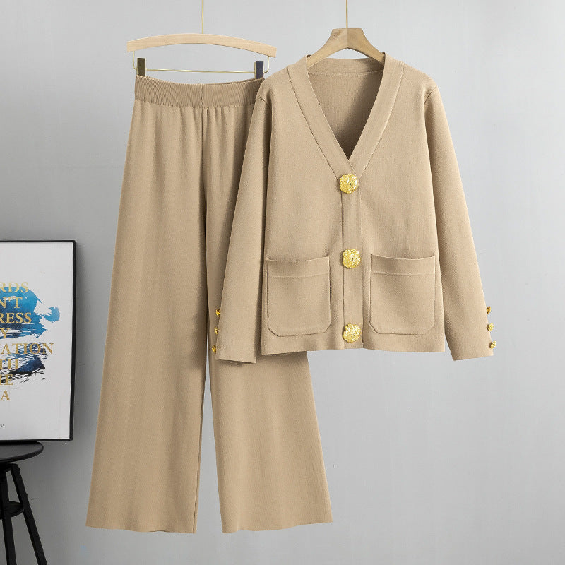 Two Piece Set Autumn Winter Wild Metal Buckle Knitted Cardigan Sweater Wide Leg Pants Set