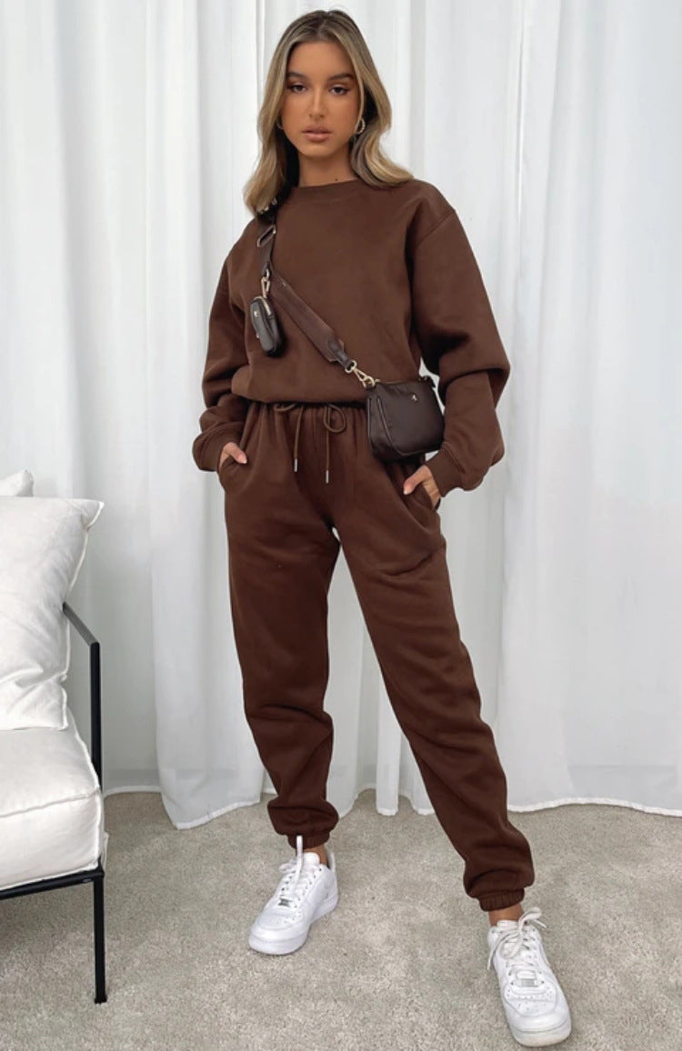 Autumn Winter Color Round Neck Pullover Long Sleeve Sweater Suit