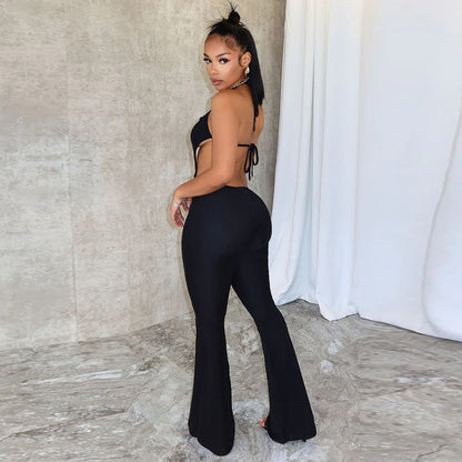 Summer Sleeveless Lace Up Backless Slightly Flared Wide Leg Jumpsuit for