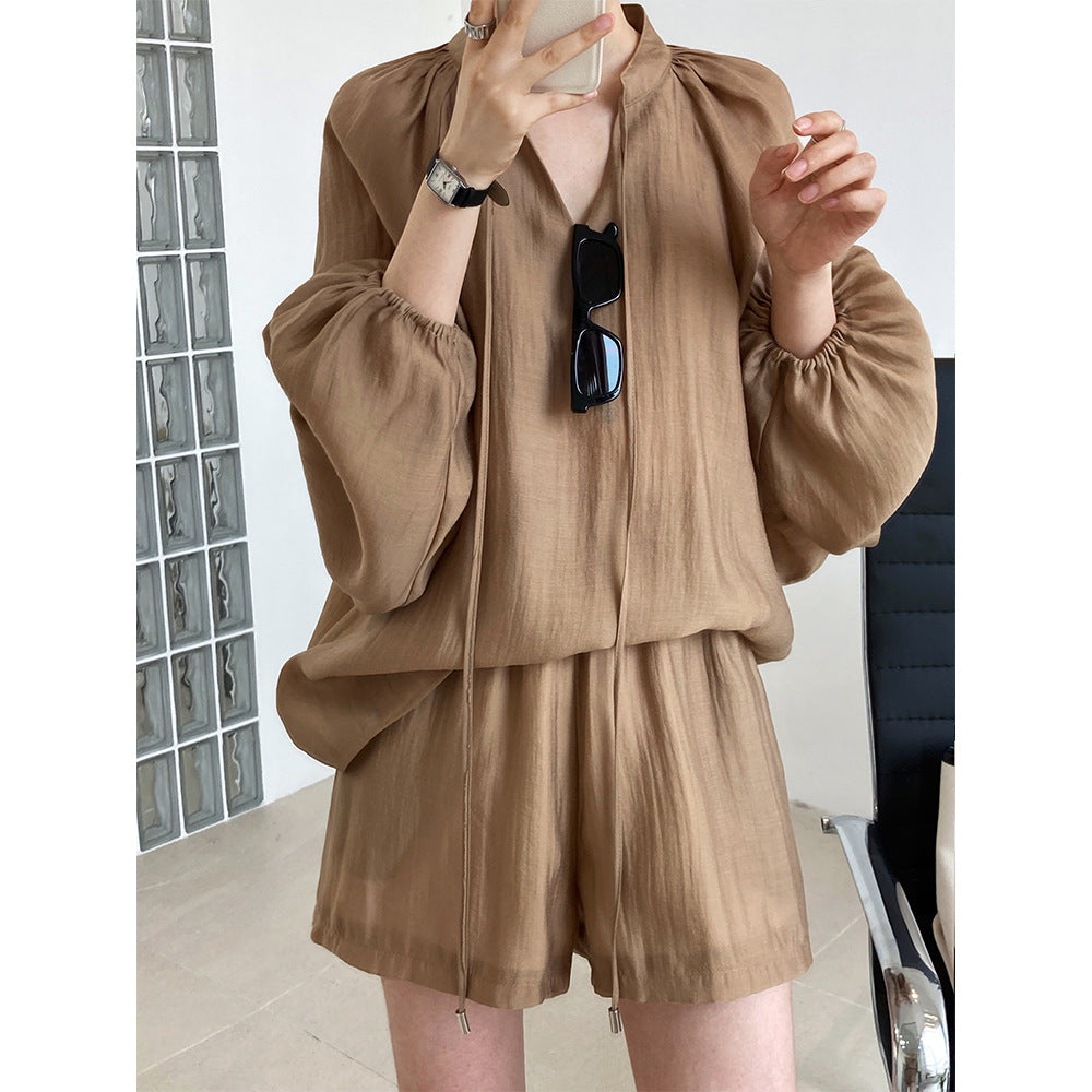 Summer Sports Lace-up Long Sleeve Sun Protection Clothing Wide Leg Shorts Suit Two-piece Set