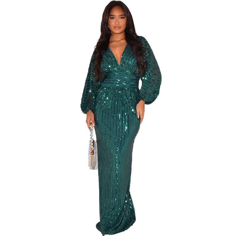 Dress Dress Sequined Long Sleeve V Neck Sequin Maxi Dress