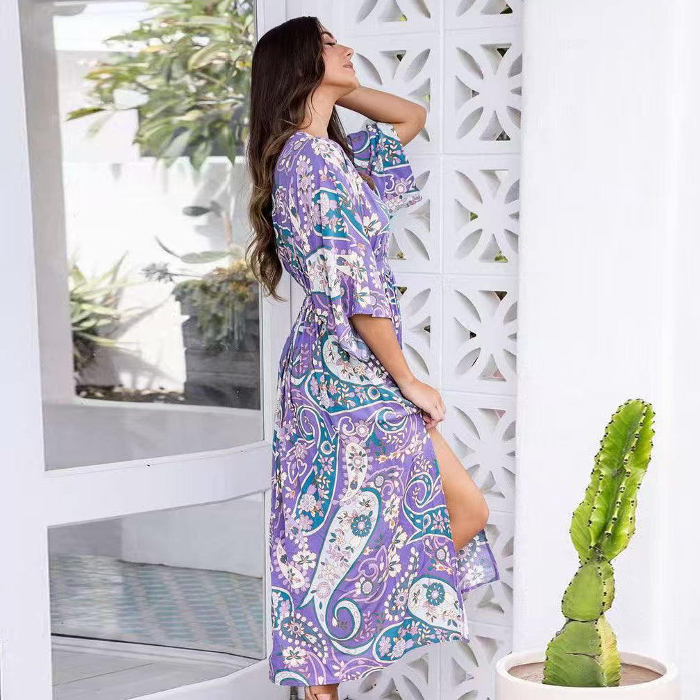 Summer Batwing Sleeve V Neck Waist Slimming Maxi Dress Beach Holiday Dress