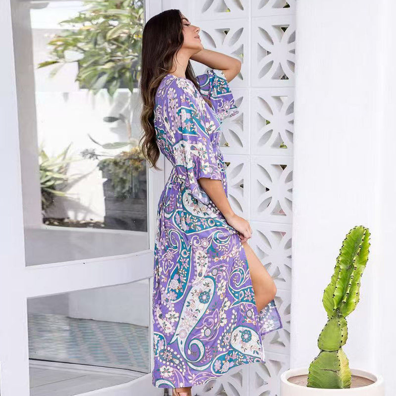 Summer Batwing Sleeve V Neck Waist Slimming Maxi Dress Beach Holiday Dress