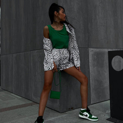 Autumn Set Loose Black White Striped Shirt Shorts Two Piece Set Clothing